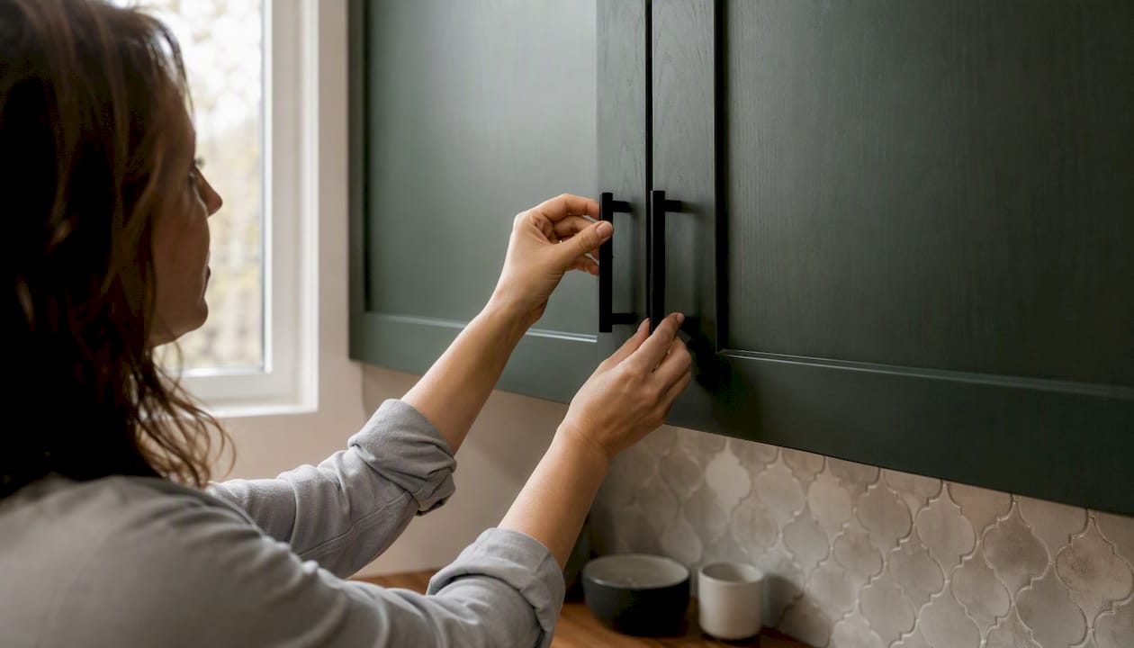 Hands installing cabinet handle in Ottawa kitchen