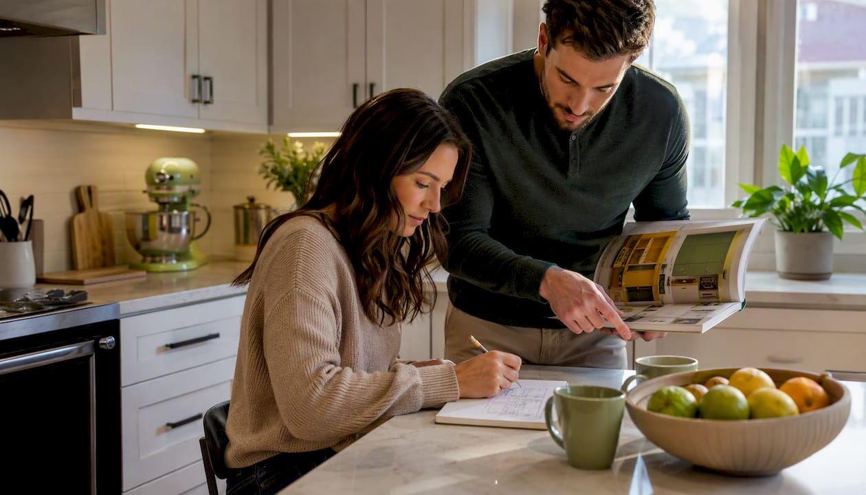 Couple measuring compact Ottawa kitchen cabinets