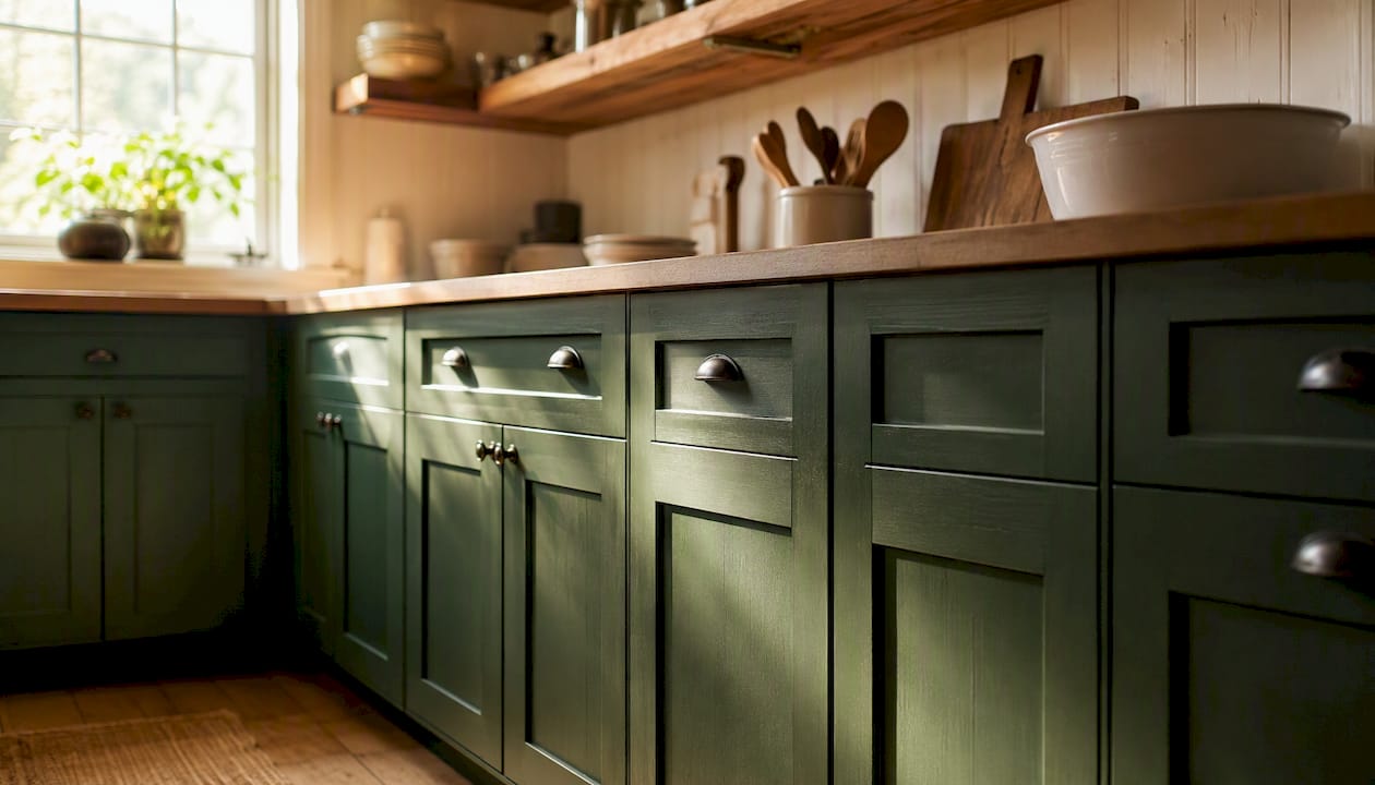 Farmhouse kitchen with green lowers and oak shelves