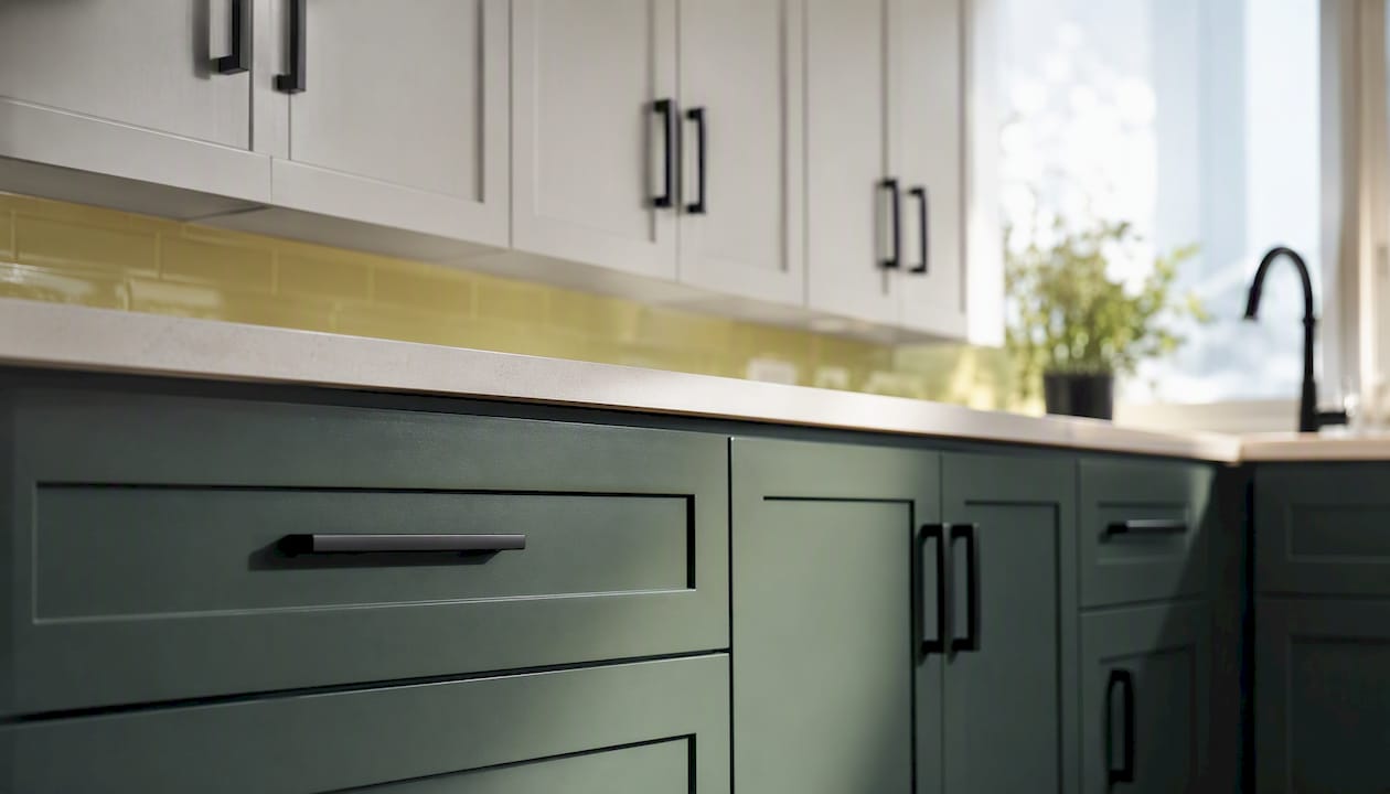 Two-tone kitchen cabinets with navy and white colors