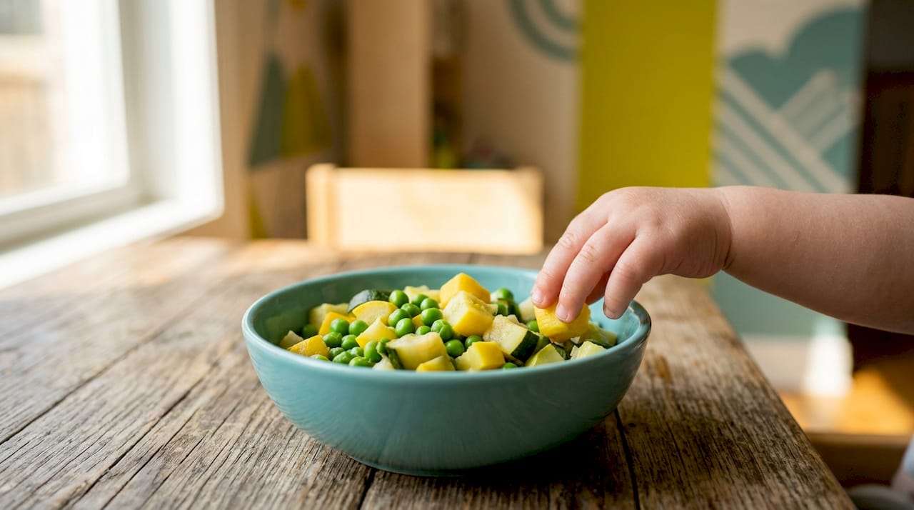 Toddler reaching for soft cooked vegetable snack