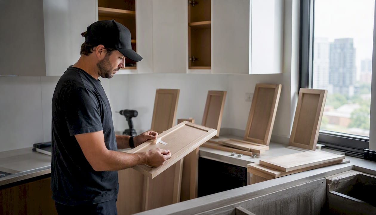 Technician removing and labeling cabinet doors