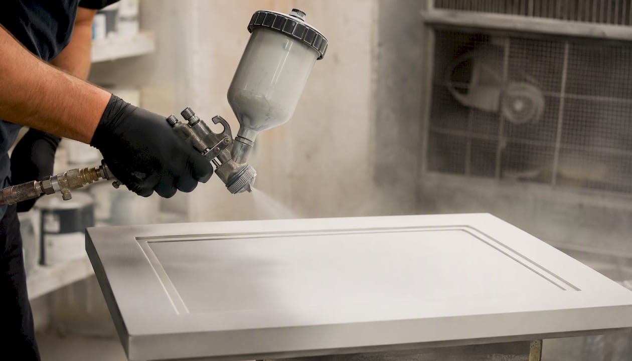 Spray gun applying primer on cabinet door