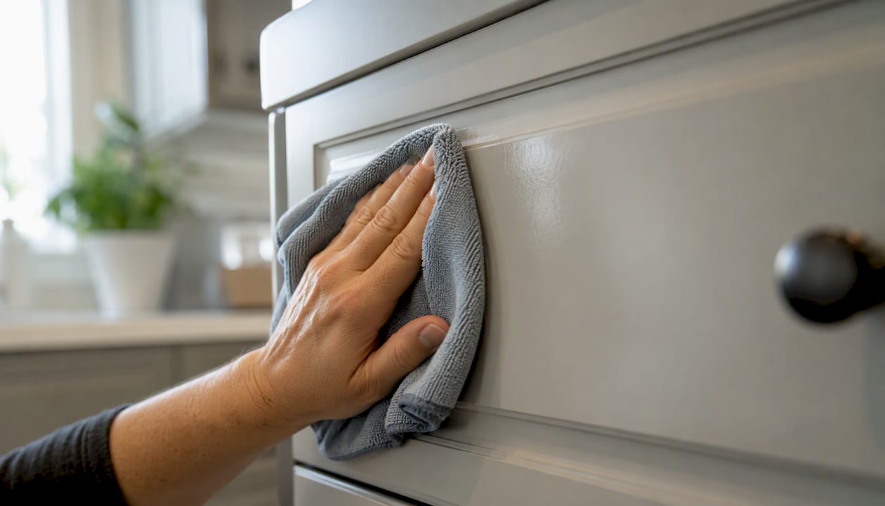 Cloth wiping refinished cabinet surface