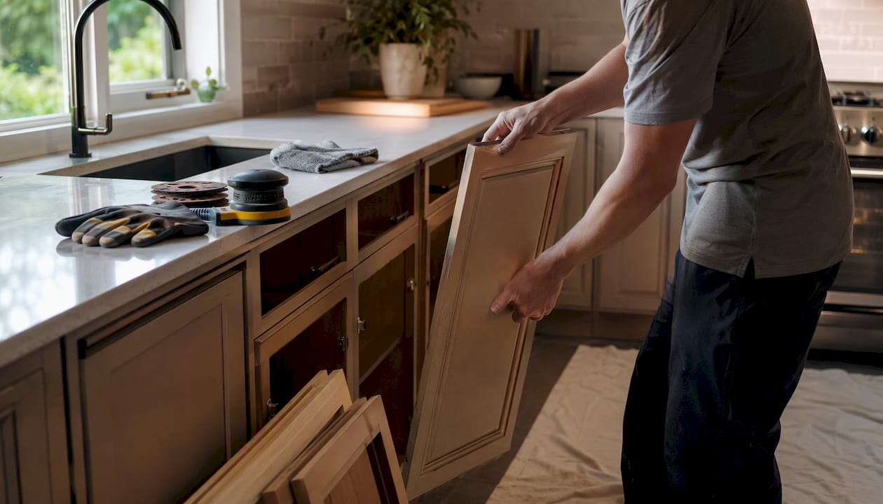 Hands preparing kitchen cabinet doors for refinishing