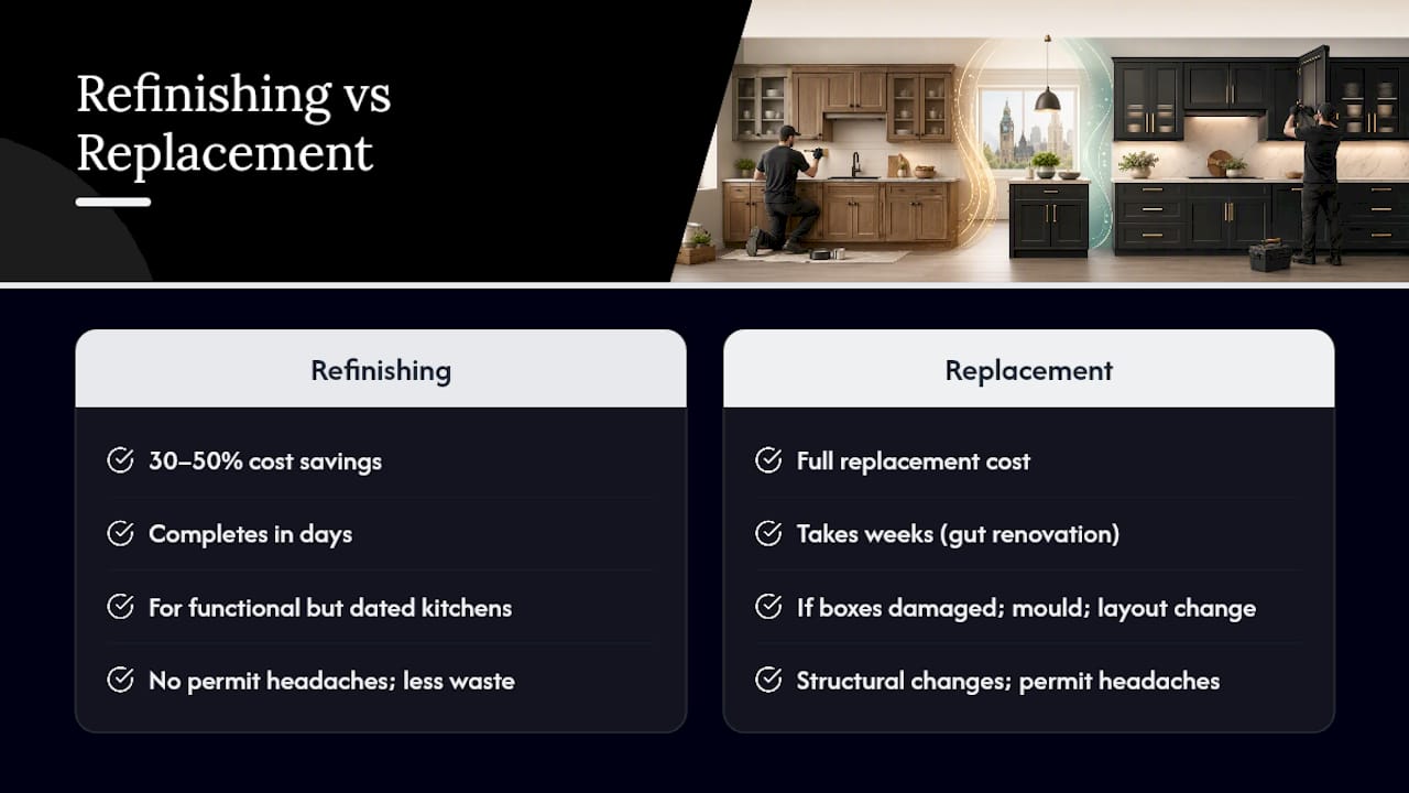 Comparison diagram of cabinet refinishing versus replacement
