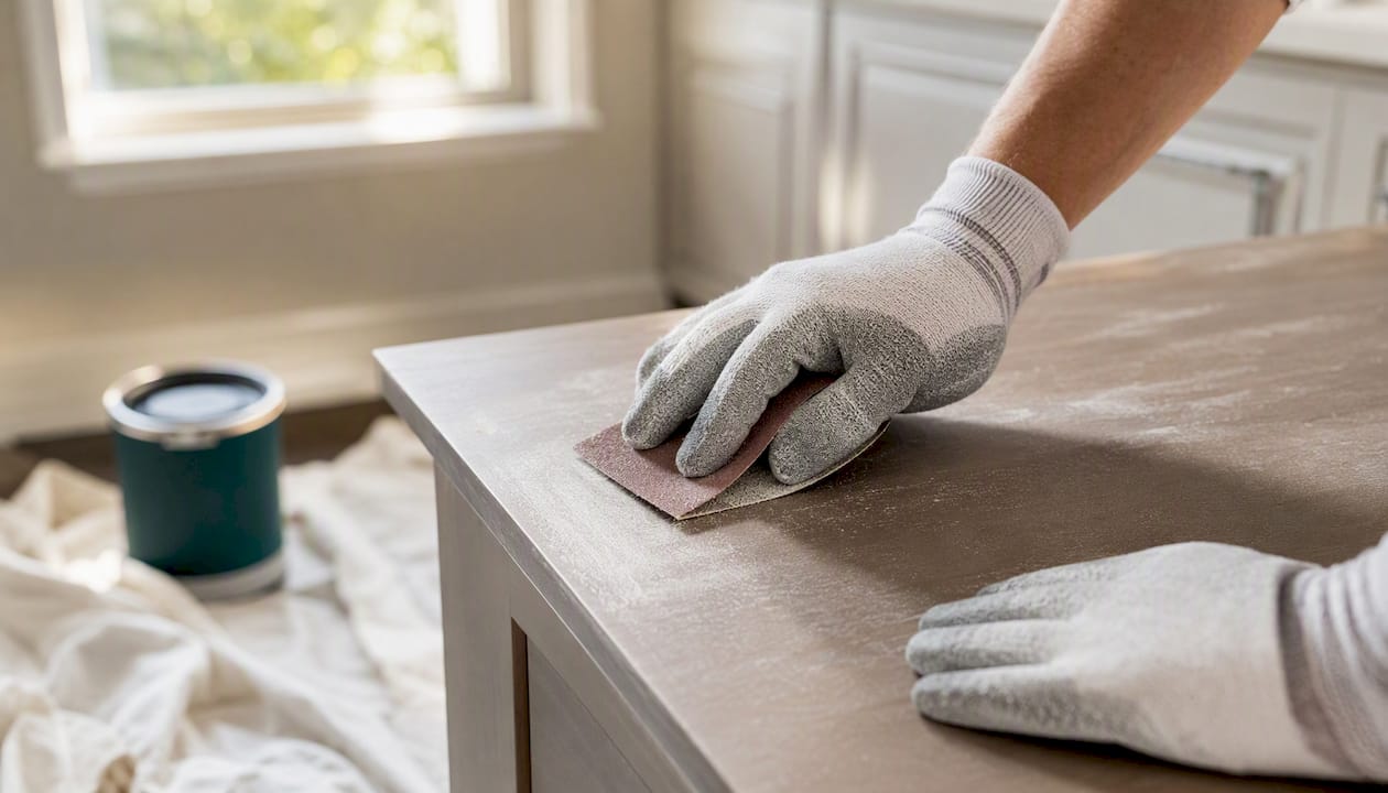 Hands scuff sanding laminate bathroom cabinet surface