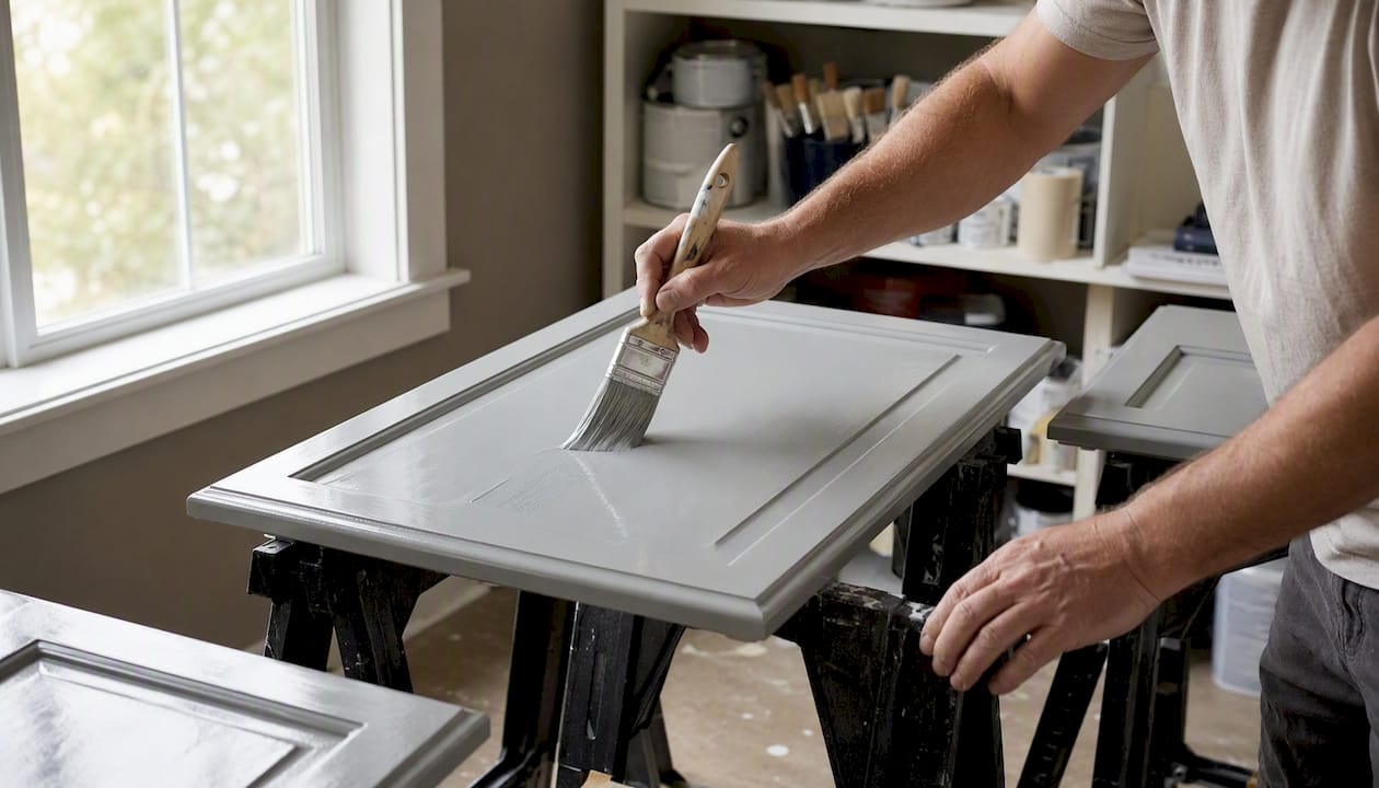 Hands painting bathroom cabinet doors flat on sawhorses