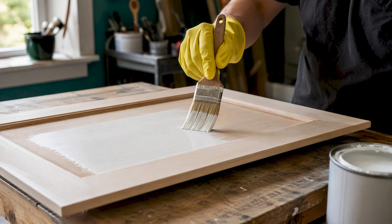 Hand applying primer to cabinet door