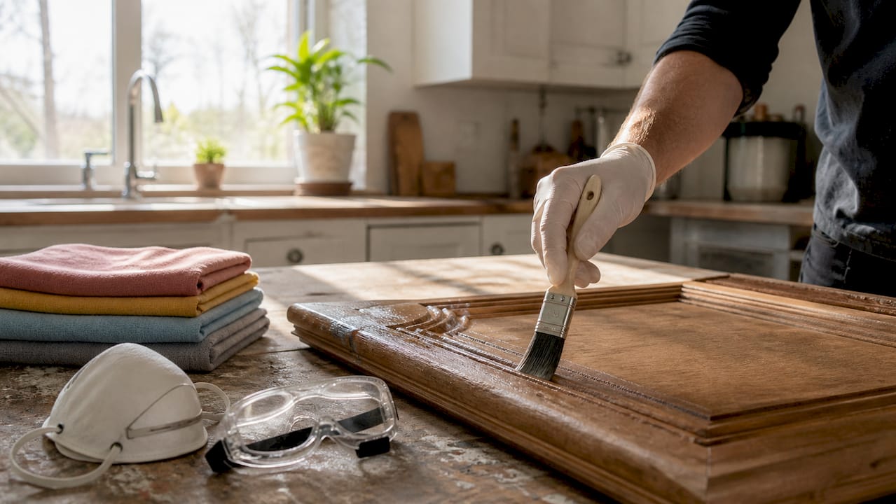 Hand applying chemical stripper to cabinet door
