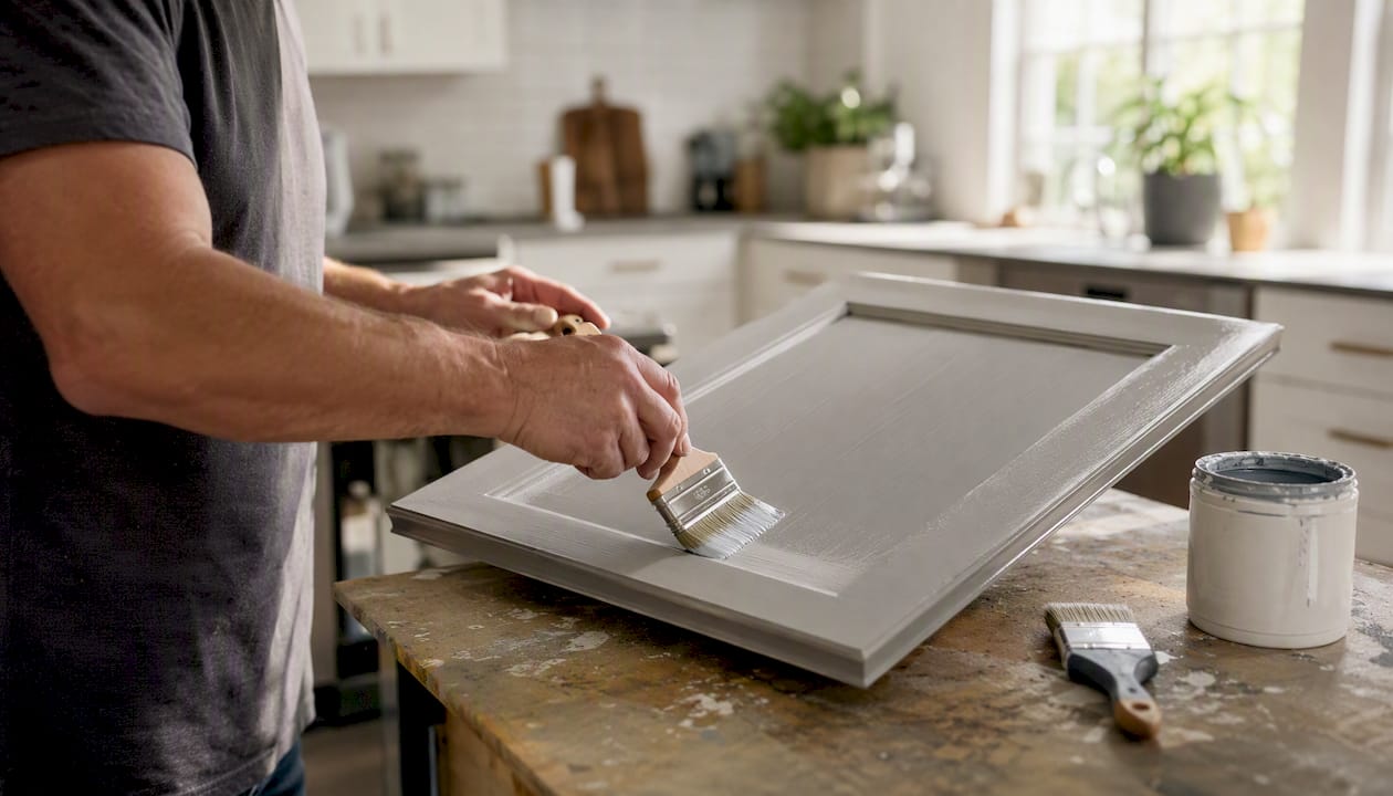 Hands sanding kitchen cabinet door during prep