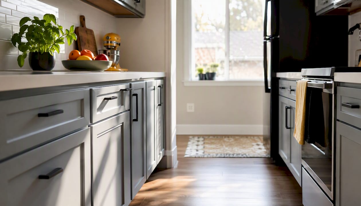 Small galley kitchen with painted cabinets in Ottawa home