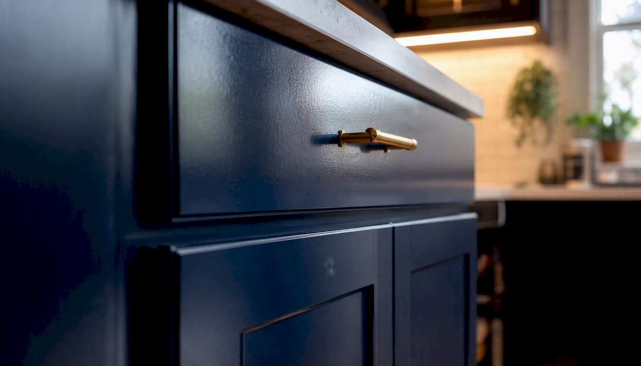 Close-up light semi-gloss painted cabinet door and wood accent