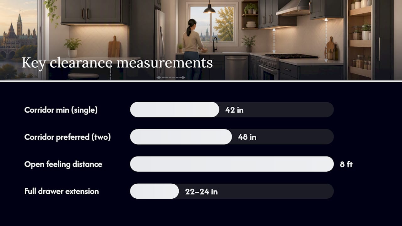 Diagram comparing small kitchen layouts and corridor clearances