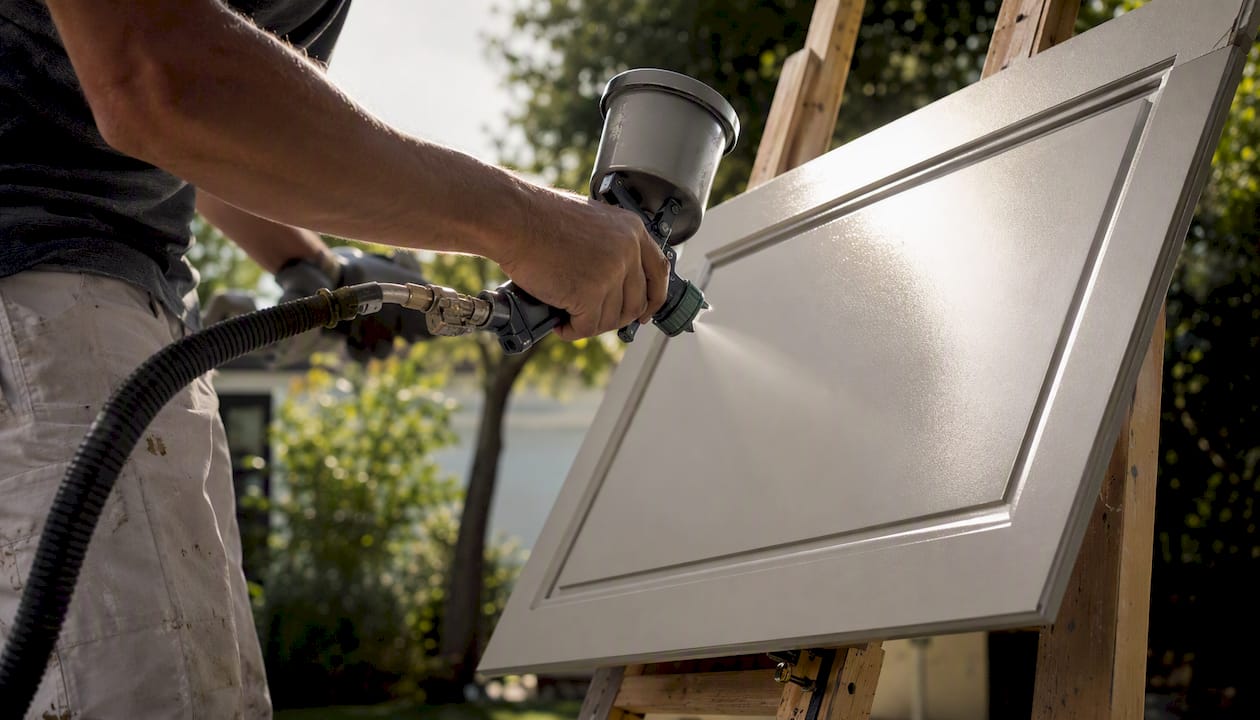 Applying paint with handheld HVLP sprayer on cabinet door