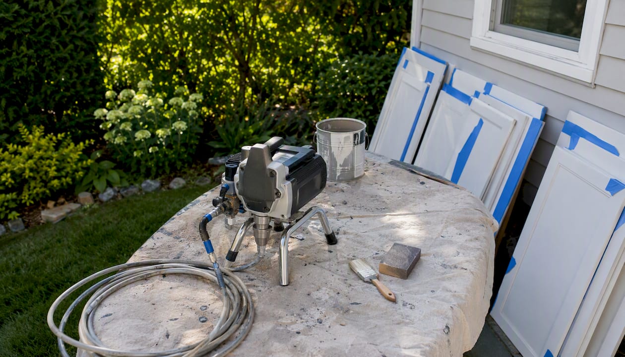Handheld HVLP paint sprayer in kitchen prep