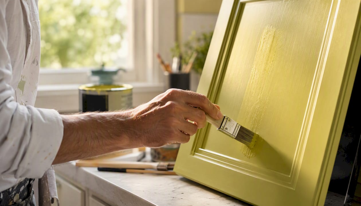 Painter spraying kitchen cabinet door close-up