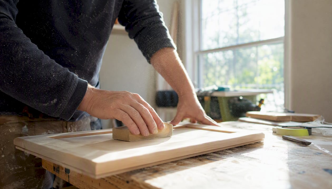 Hands sanding kitchen cabinet door