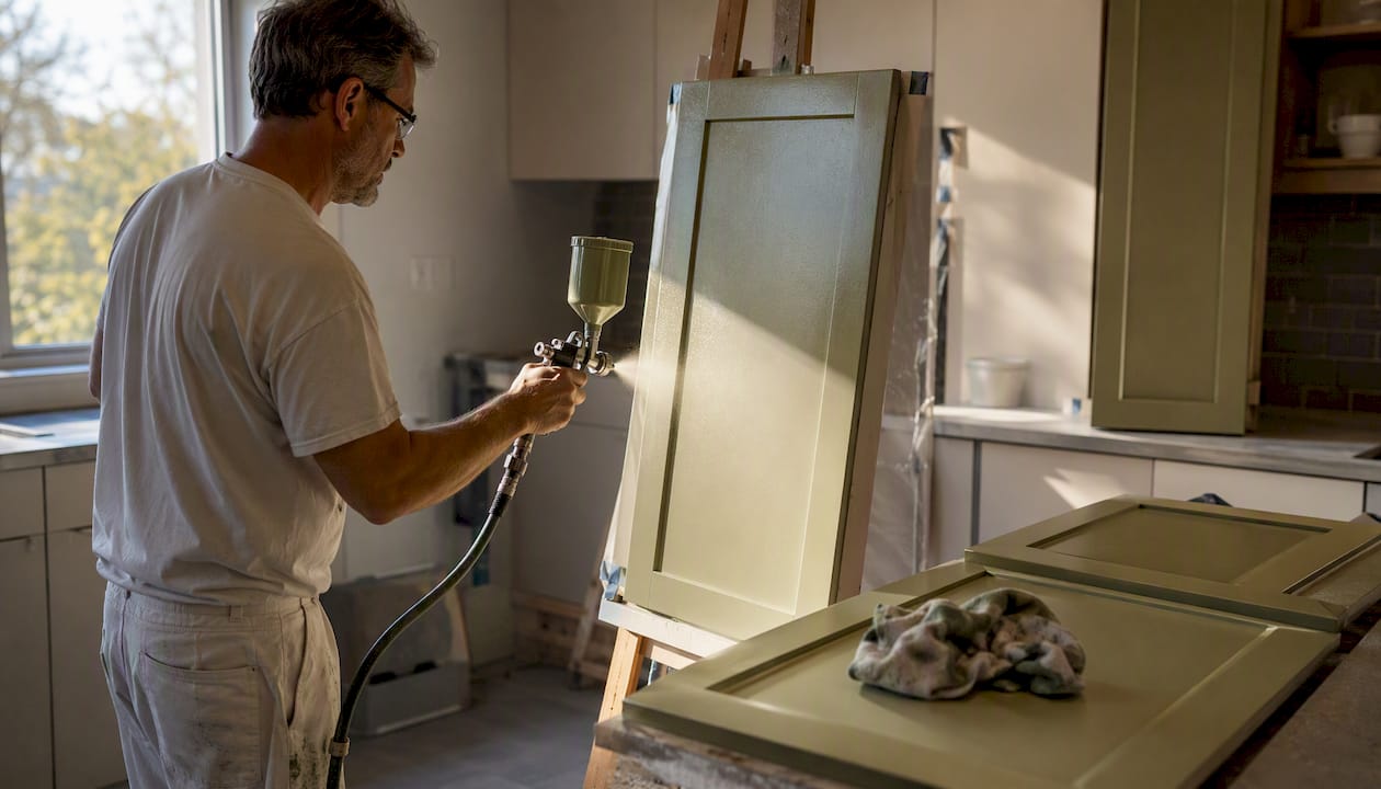 Hands spraying cabinet door in kitchen workshop
