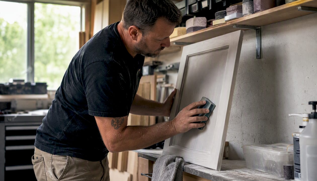 Sanding and degreasing kitchen cabinet door