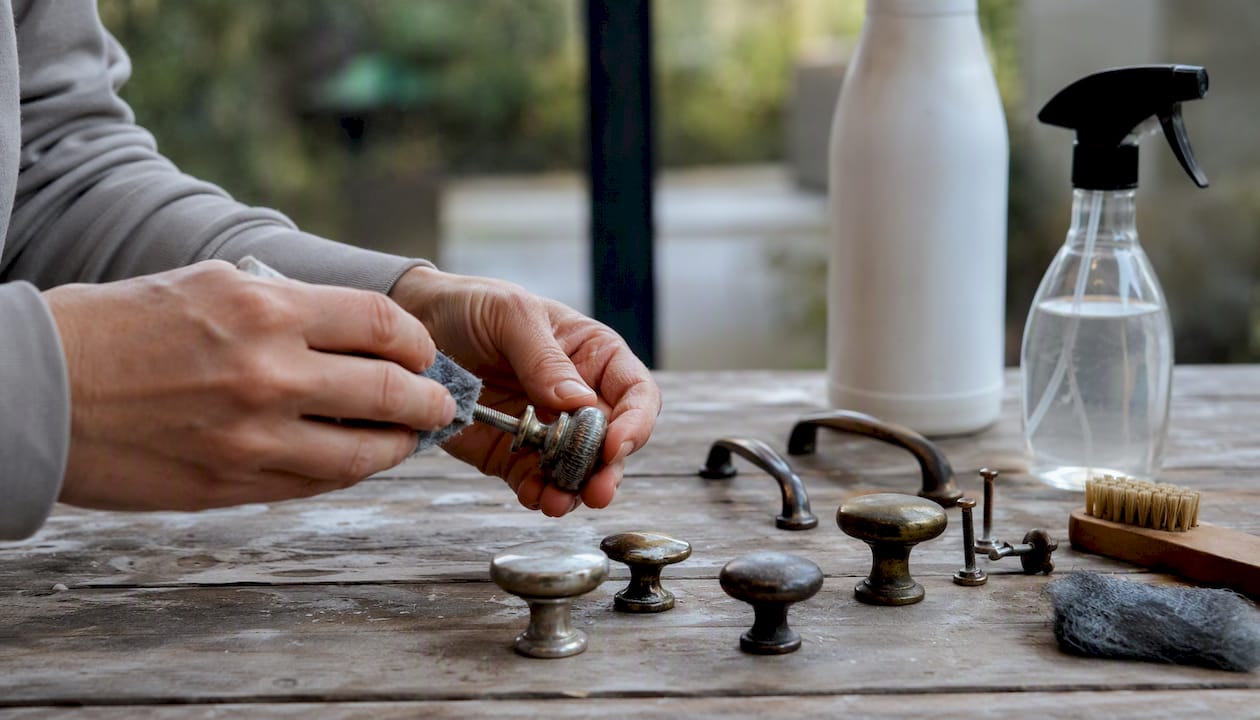 Hands sanding pantry cabinet hardware