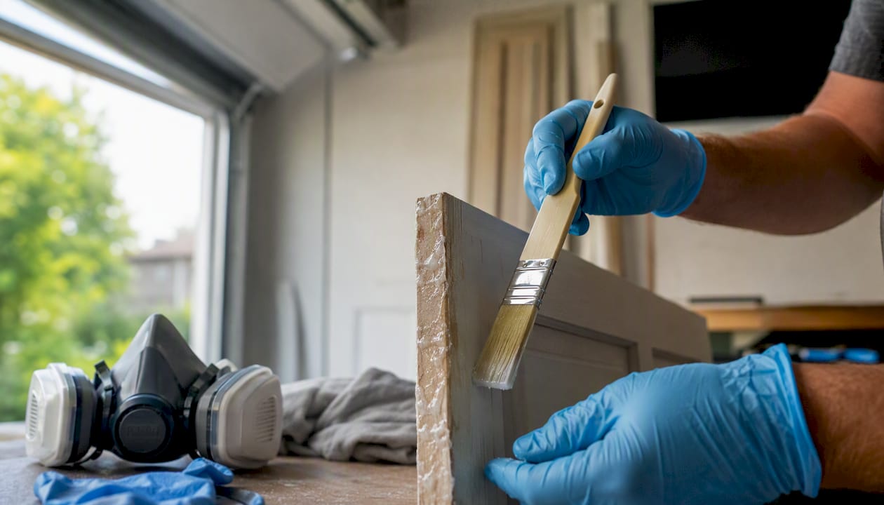 Applying gel stripper to cabinet door