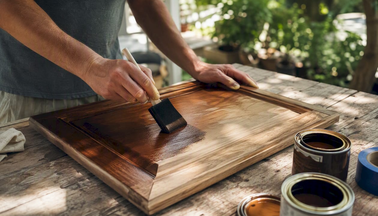 Hands sanding kitchen cabinet door