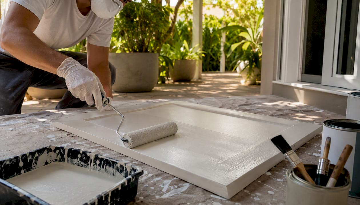 Hands painting cabinet door with foam roller