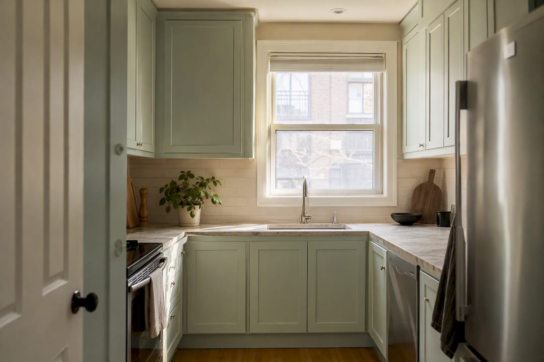 Small kitchen with sage green painted cabinets
