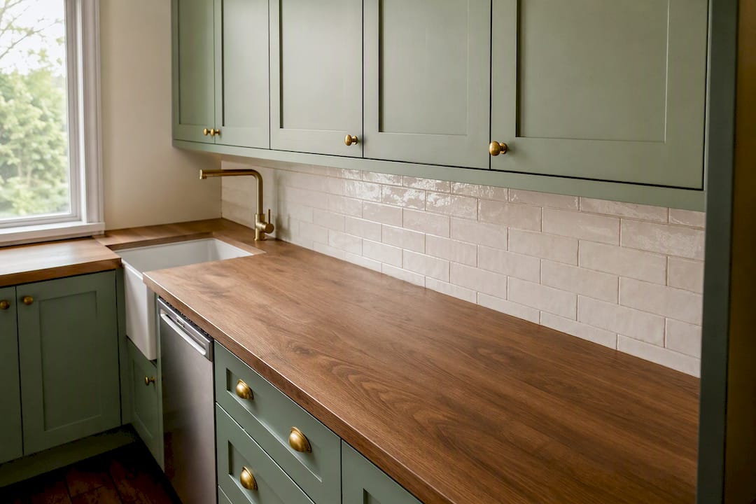 Muted sage green cabinets with butcher block counter
