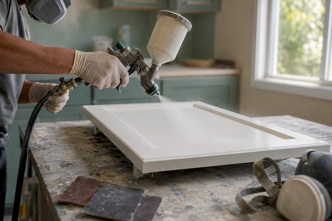 Hands spraying paint on kitchen cabinet door
