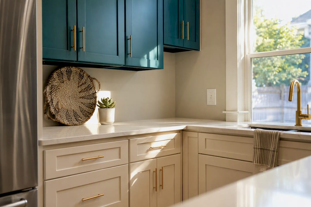 Two-tone kitchen cabinets with contrasting hardware