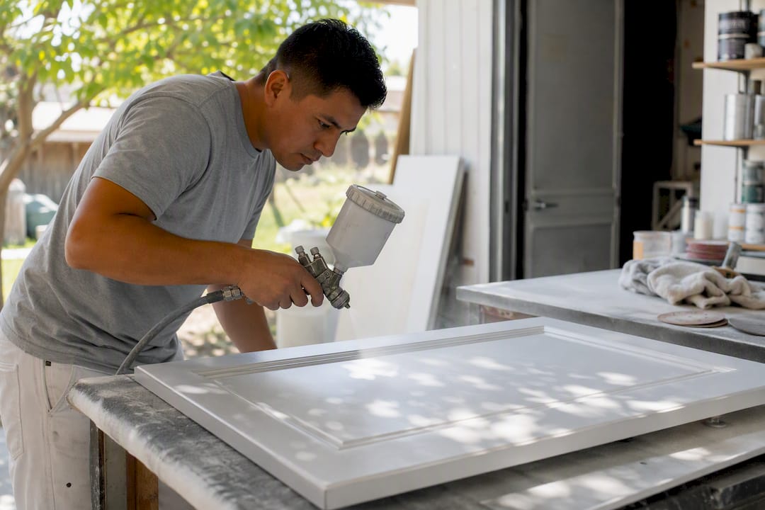 Close-up of priming a kitchen cabinet door