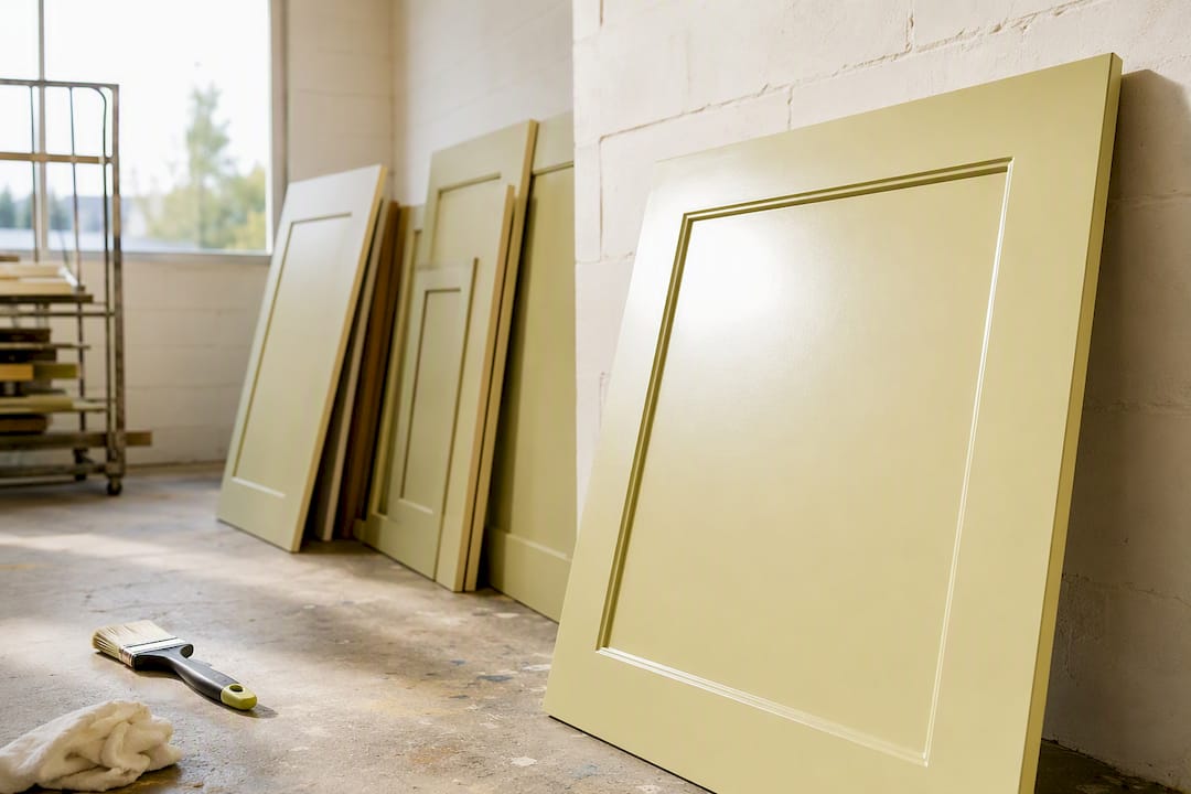 Freshly painted cabinet doors drying flat