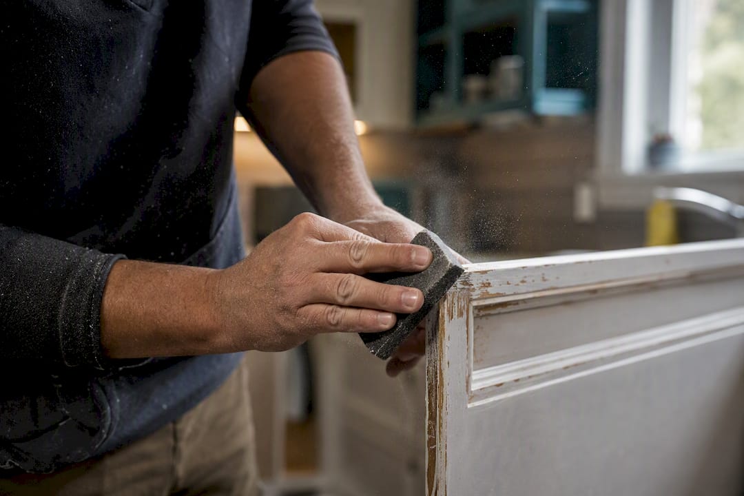 Hands sanding kitchen cabinet door during refinishing