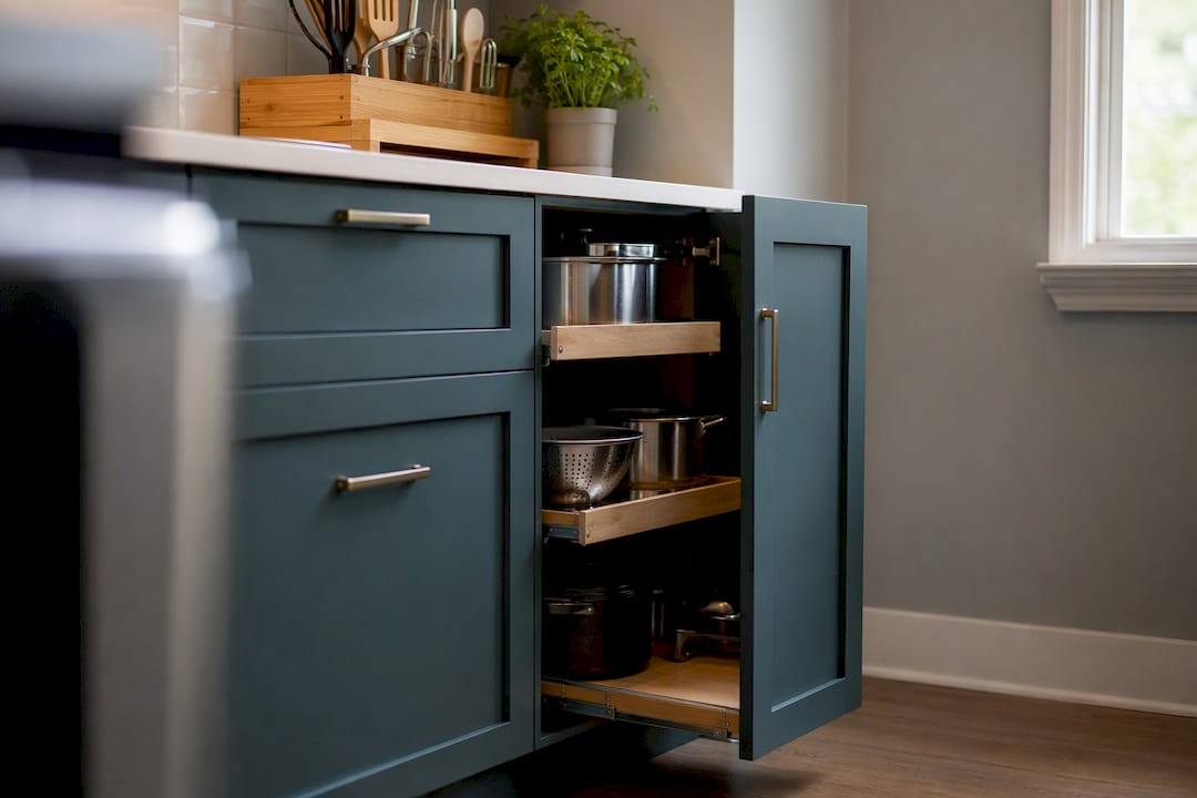 Open slim kitchen cupboard in small kitchen corner