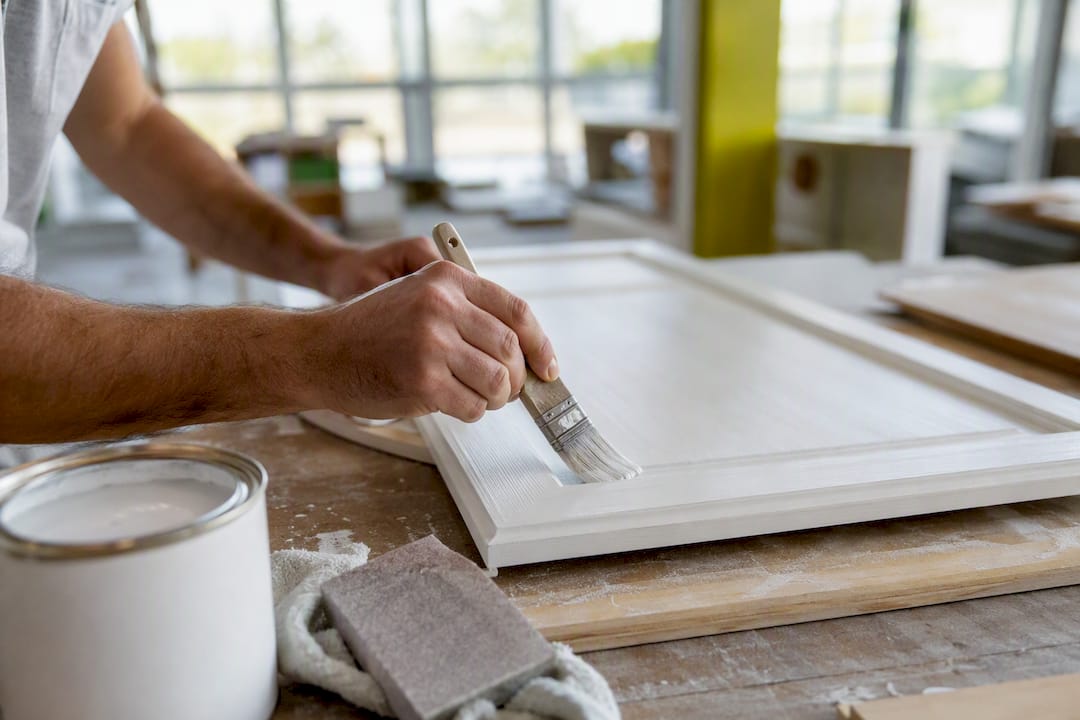 Close-up of hands priming cabinet door
