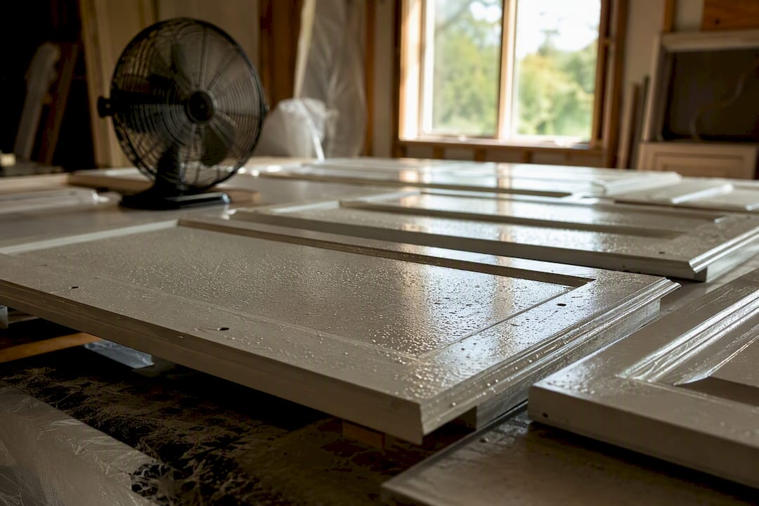 Painted cabinets drying in humid indoor space