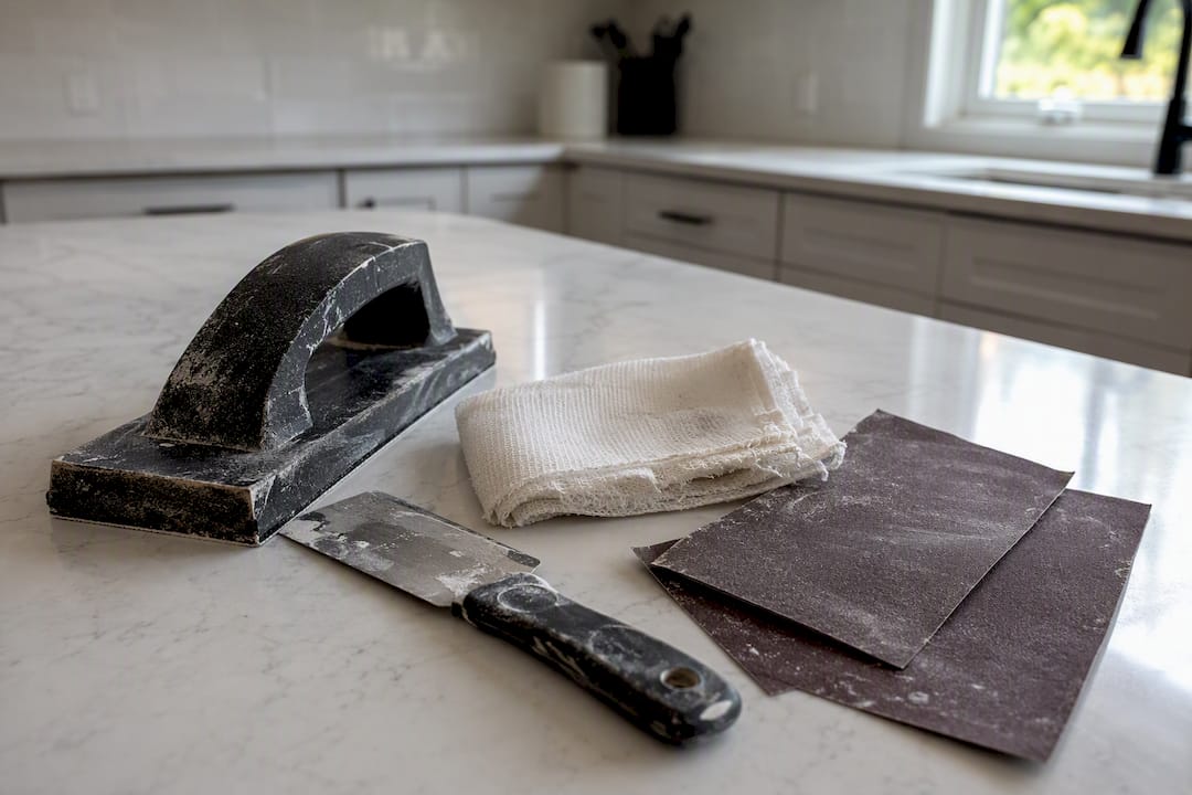 Refinishing prep tools on wooden table