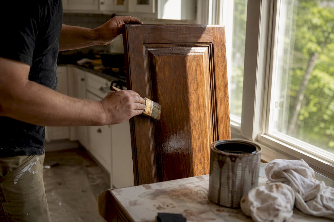 Hands staining kitchen cabinet door