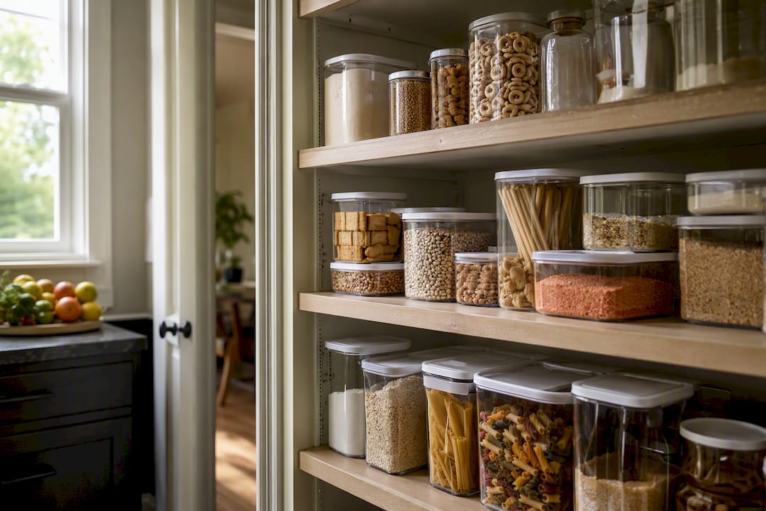 Large and small pantry containers arranged on shelves