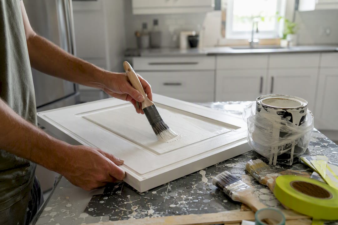 Hands sanding kitchen cabinet door