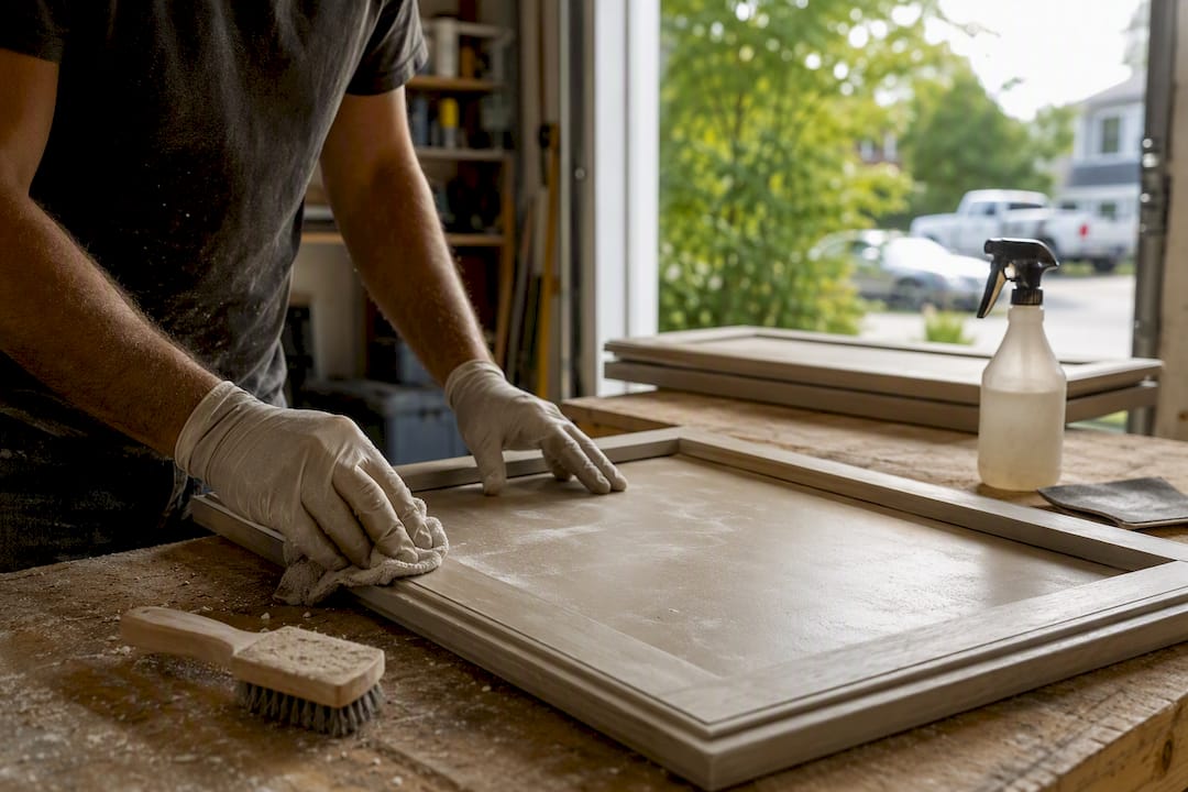 Hands cleaning and sanding cabinet prep
