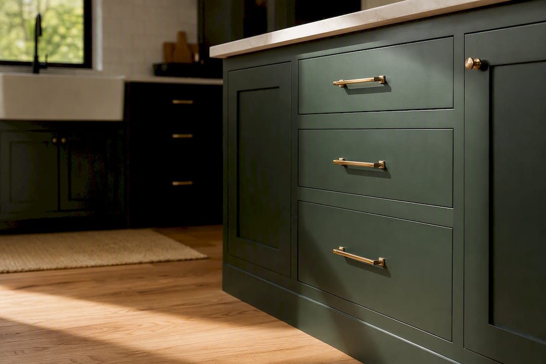 Green kitchen cabinets with brass hardware detail