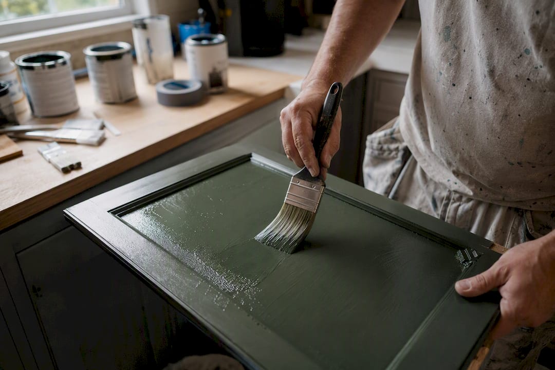 Hands painting kitchen cabinet door green