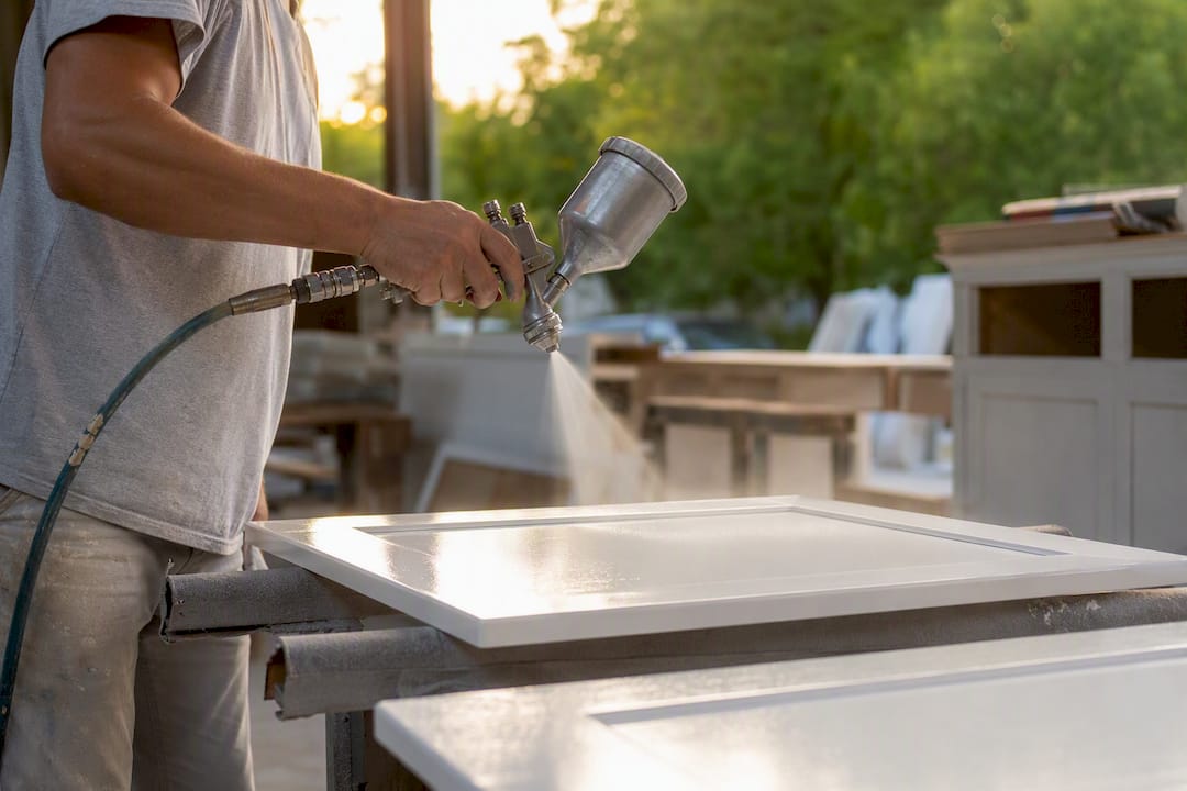 Hands spraying waterborne enamel on cabinet drawer