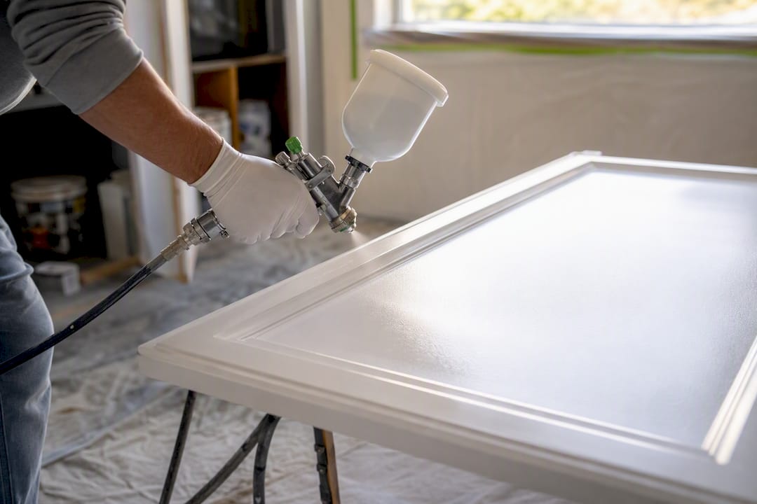 Hands spraying white cabinet finish close-up
