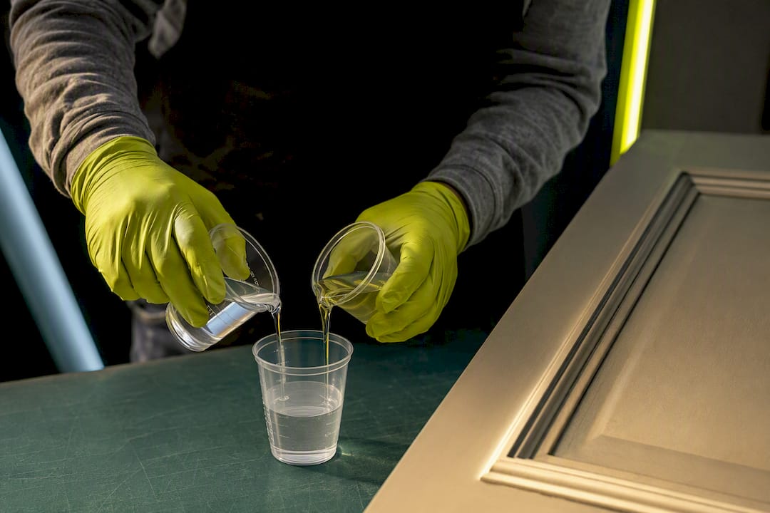Catalyzed cabinet finish being prepared