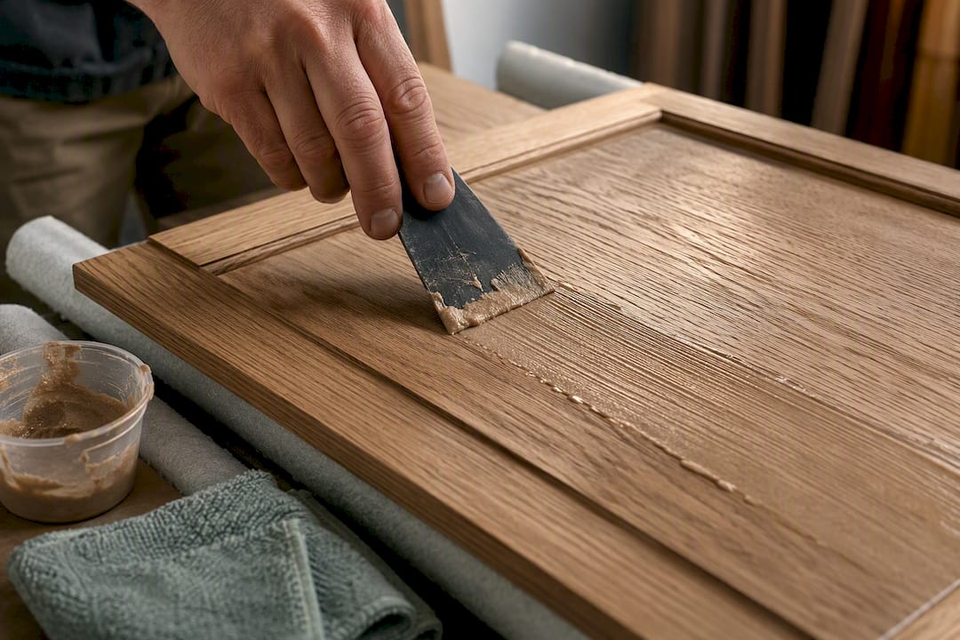 Applying grain filler to oak cabinet pores