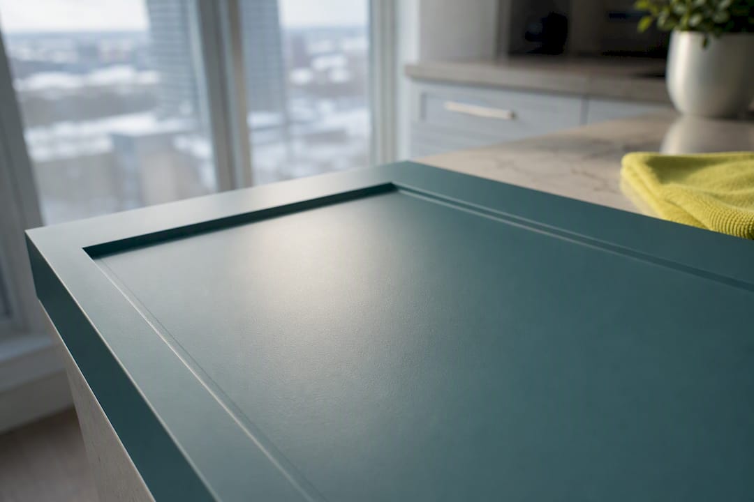 Flat low-sheen cabinet finish under light